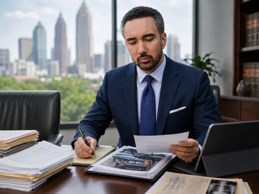 Atlanta car accident lawyer Nathan Fitzpatrick reviewing documents for a car accident injury claim