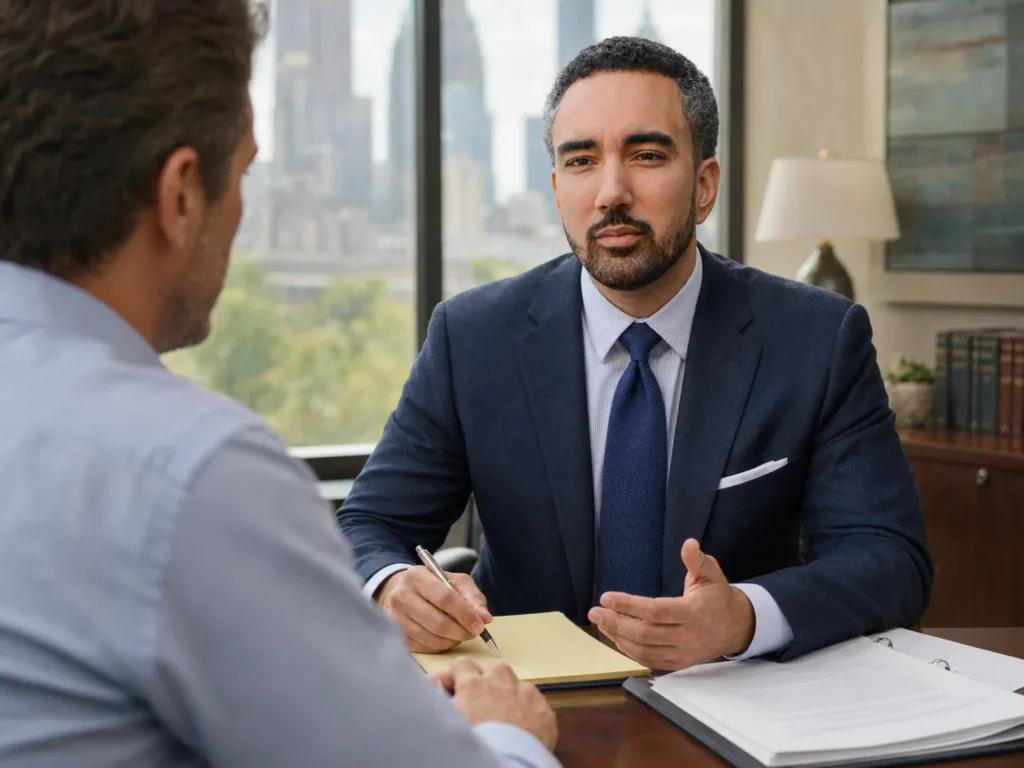 Atlanta car accident lawyer Nathan Fitzpatrick meeting with a client during a personal injury consultation