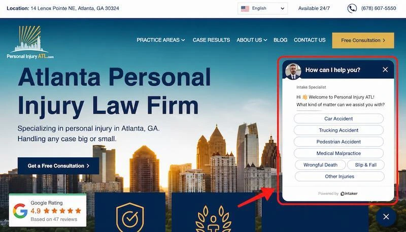 Intaker chat window on The Fitzpatrick Firm’s Atlanta personal injury website