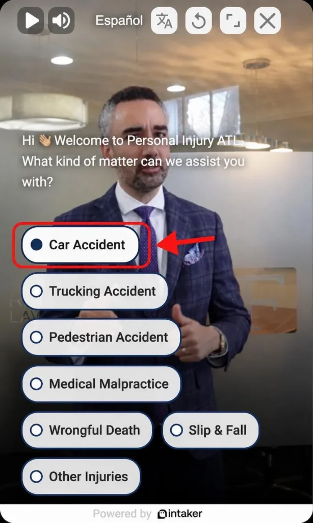 Intaker Live Chat options for selecting a type of personal injury case