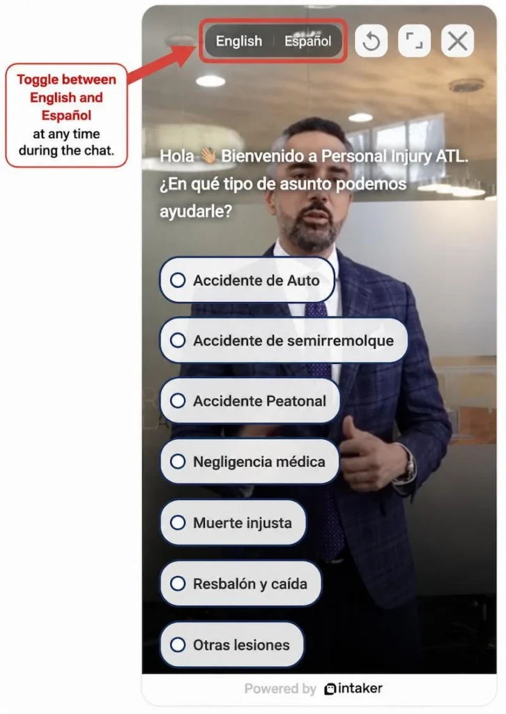 Spanish-language Intaker chat options on The Fitzpatrick Firm’s website